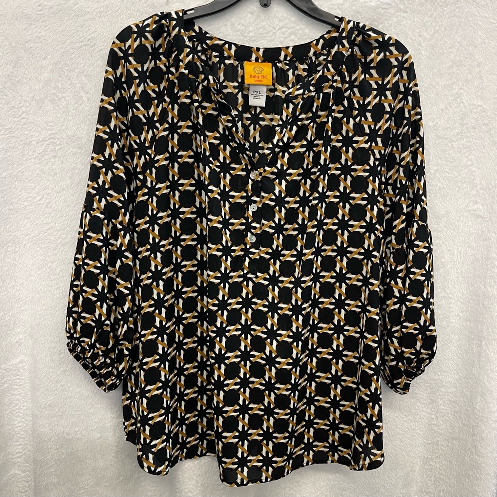 Ruby Rd. Black and Gold Geometric Blouse Petite XL Office Top Business Tunic